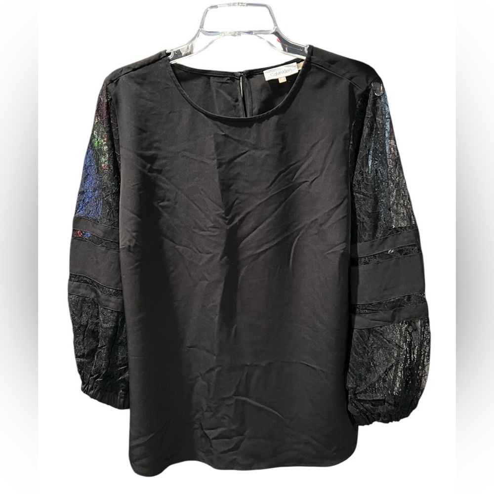 Calvin Klein Black Blouse with Sheer Lace Balloon Sleeves | Size 0X